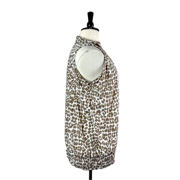 French Laundry Women’s Top High Tie Neck Blouson Tan White Animal Print Size XL - Picture 3 of 11